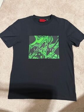 Hugo Boss Black T‑Shirt with Neon Green Swirl Logo Panel